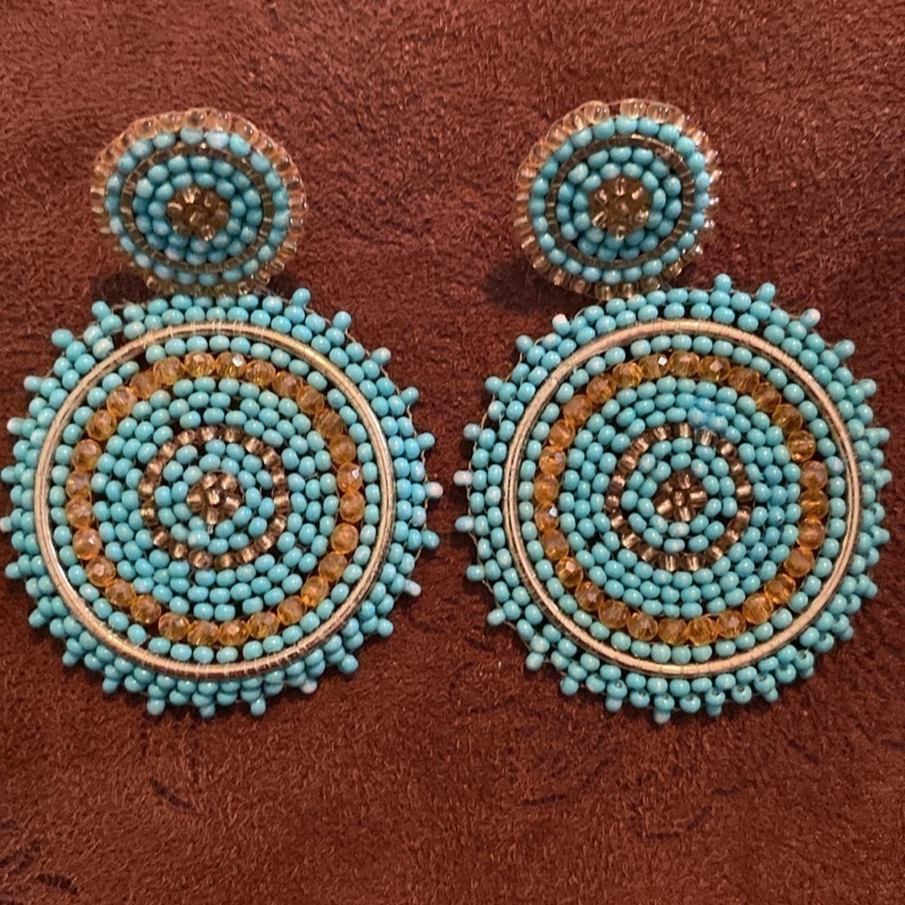 Boho handmade dangle earrings. Seed bead and crystal round drop earrings